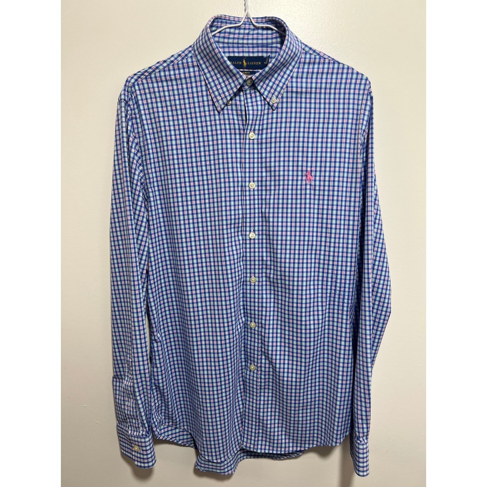 Ralph Lauren Slim Fit Performance Shirt Mens Medium Blue Pink Plaid Long Sleeve
